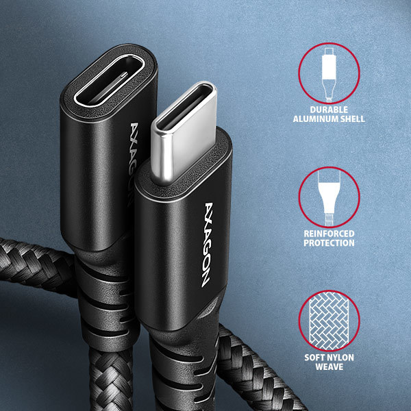 AXAGON BUCM32-CF10AB predlžovací kábel USB-C (M) USB-C (F), 1m, USB 20Gbps, PD 240W 5A, 8K HD, ALU, oplet, čierny