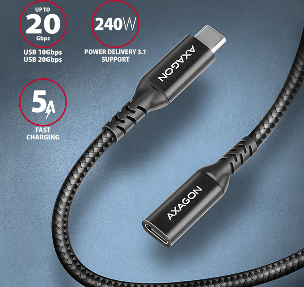 AXAGON BUCM32-CF15AB predlžovací kábel USB-C (M) USB-C (F), 1.5m, USB 20Gbps, PD 240W 5A, 8K HD, ALU, oplet, čierny