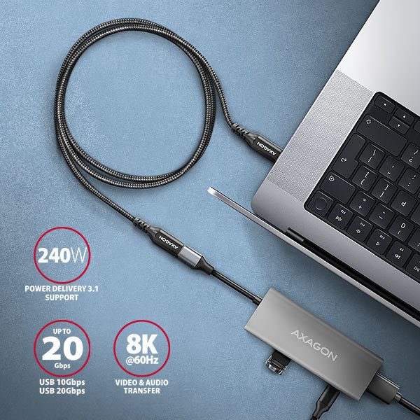 AXAGON BUCM32-CF15AB predlžovací kábel USB-C (M) USB-C (F), 1.5m, USB 20Gbps, PD 240W 5A, 8K HD, ALU, oplet, čierny