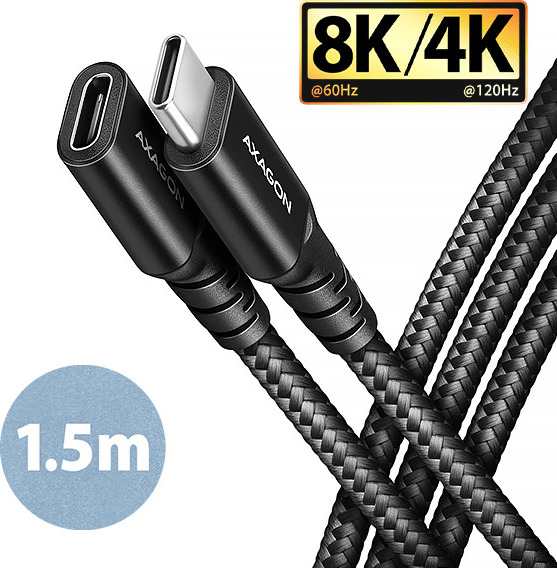 AXAGON BUCM32-CF15AB predlžovací kábel USB-C (M) USB-C (F), 1.5m, USB 20Gbps, PD 240W 5A, 8K HD, ALU, oplet, čierny