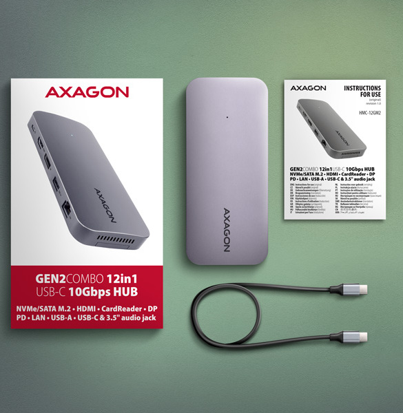 AXAGON HMC-12GM2, USB 10Gbps hub, 3x USB-A, USB-C, HDMI, DP, RJ-45 GLAN, M.2, SD/mSD, audio, PD 100W, kábel USB-C 50cm