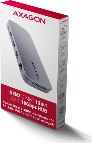 AXAGON HMC-12GM2, USB 10Gbps hub, 3x USB-A, USB-C, HDMI, DP, RJ-45 GLAN, M.2, SD/mSD, audio, PD 100W, kábel USB-C 50cm