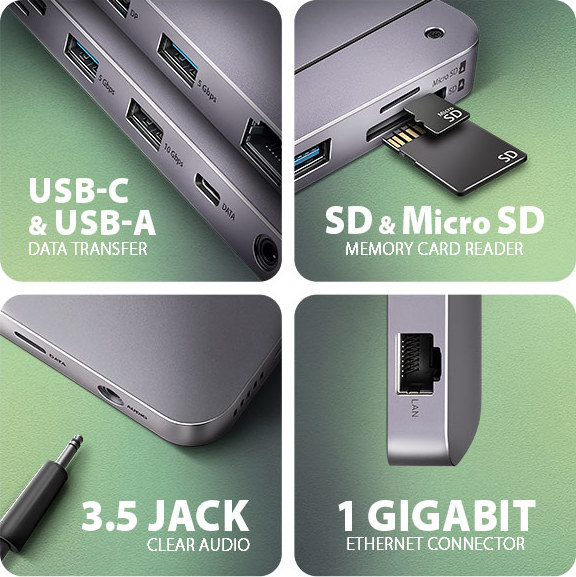 AXAGON HMC-12GM2, USB 10Gbps hub, 3x USB-A, USB-C, HDMI, DP, RJ-45 GLAN, M.2, SD/mSD, audio, PD 100W, kábel USB-C 50cm