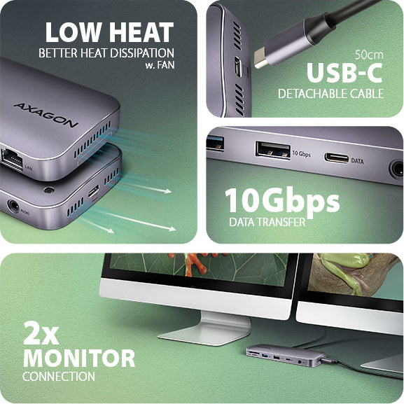 AXAGON HMC-12GM2, USB 10Gbps hub, 3x USB-A, USB-C, HDMI, DP, RJ-45 GLAN, M.2, SD/mSD, audio, PD 100W, kábel USB-C 50cm