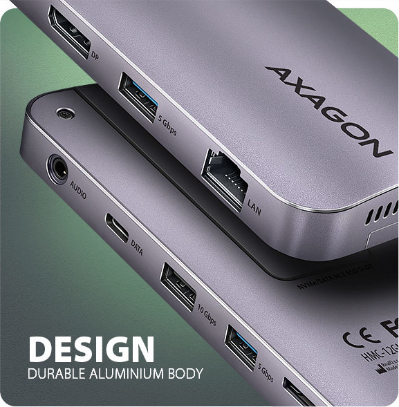 AXAGON HMC-12GM2, USB 10Gbps hub, 3x USB-A, USB-C, HDMI, DP, RJ-45 GLAN, M.2, SD/mSD, audio, PD 100W, kábel USB-C 50cm