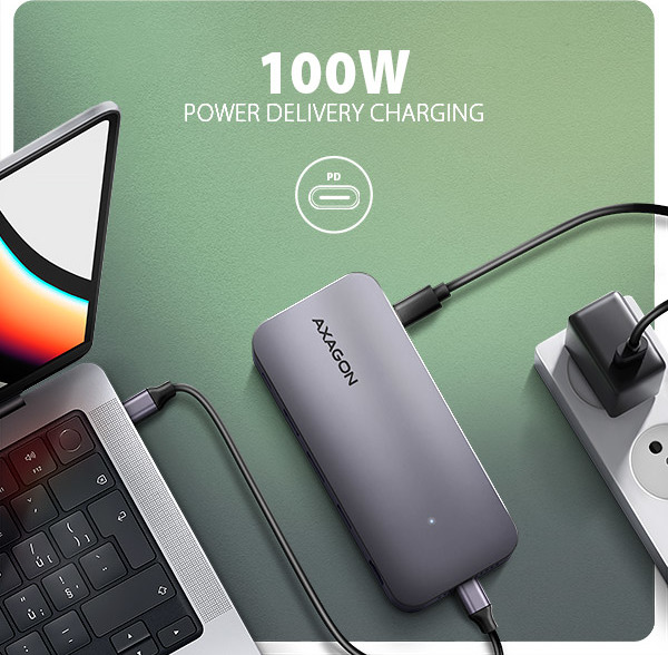 AXAGON HMC-12GM2, USB 10Gbps hub, 3x USB-A, USB-C, HDMI, DP, RJ-45 GLAN, M.2, SD/mSD, audio, PD 100W, kábel USB-C 50cm