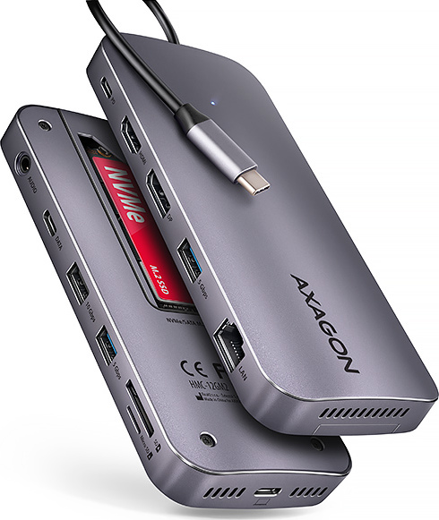 AXAGON HMC-12GM2, USB 10Gbps hub, 3x USB-A, USB-C, HDMI, DP, RJ-45 GLAN, M.2, SD/mSD, audio, PD 100W, kábel USB-C 50cm