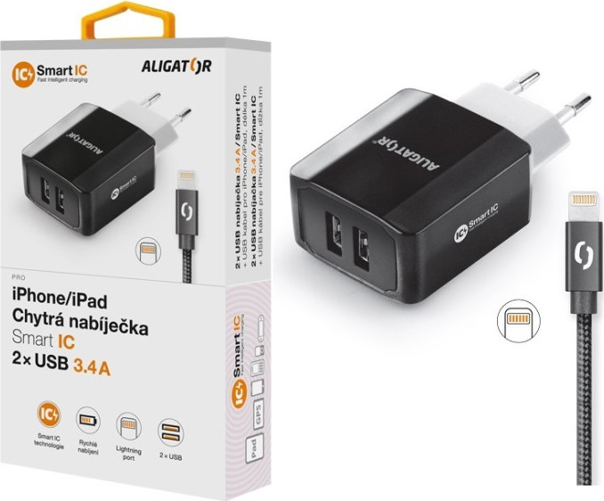 ALIGATOR chytrá síťová nabíječka 3.4 A, 2x USB, smart IC, kabel Lightning 2A, černá