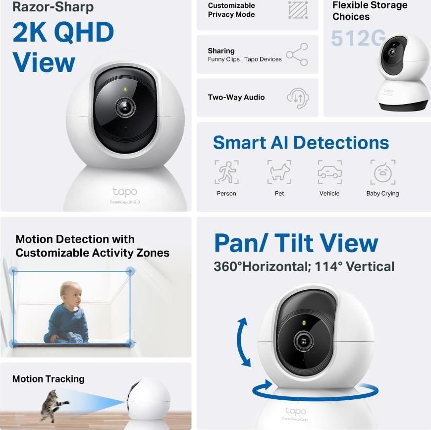 TP-Link Tapo C220 domácí-indoor kamera, (4MP, 2K QHD 1440p, IR 9m, WiFi, micro SD card)