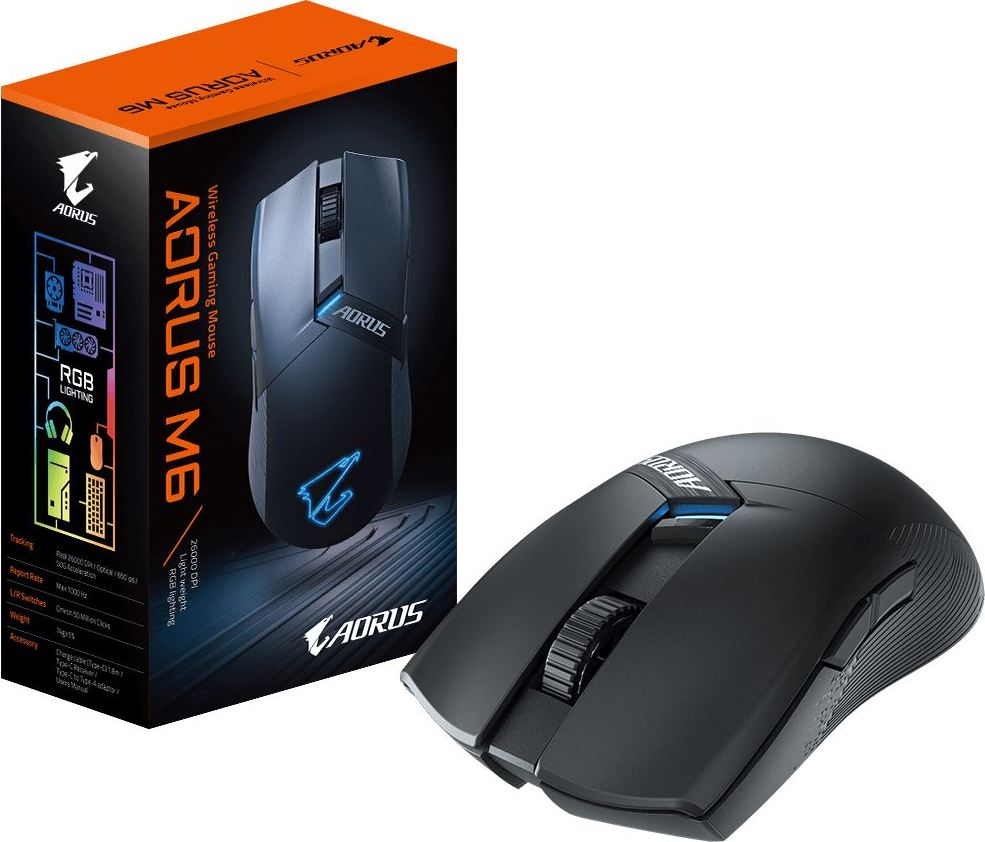 GIGABYTE Herní myš Aorus M6, Bezdrátová 2.4GHz, USB-C, černá