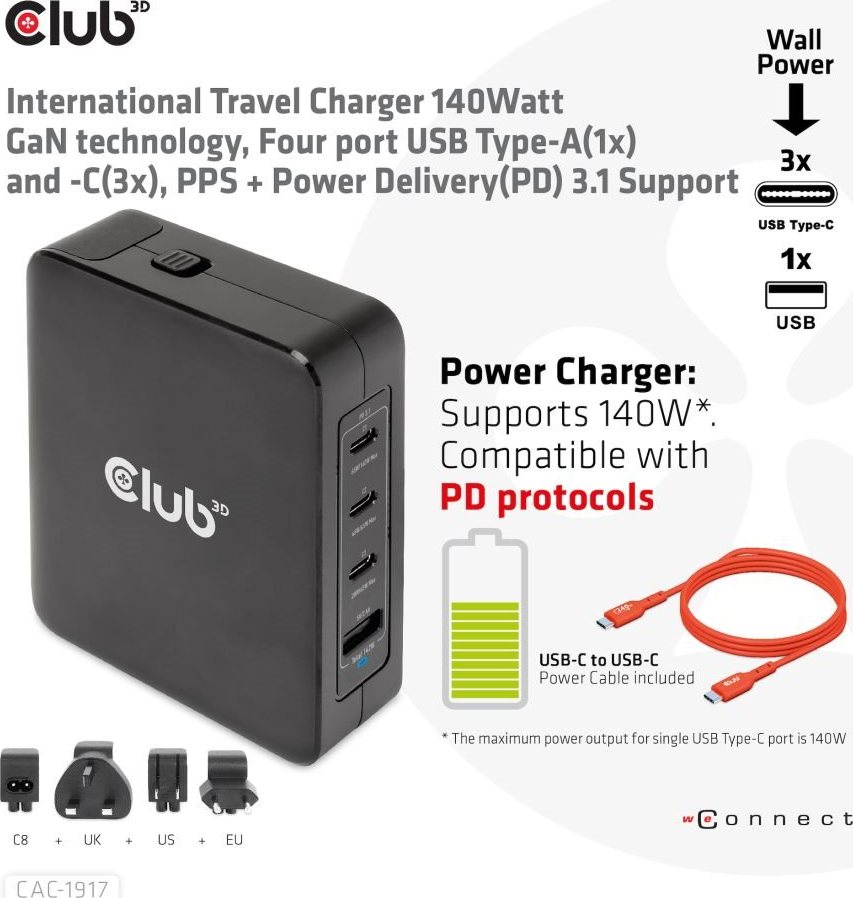 Club 3D Club3D cestovní nabíječka 140W GaN technologie, 3xUSB-C, 1xUSB-A, PPS + PD 3.1 Support