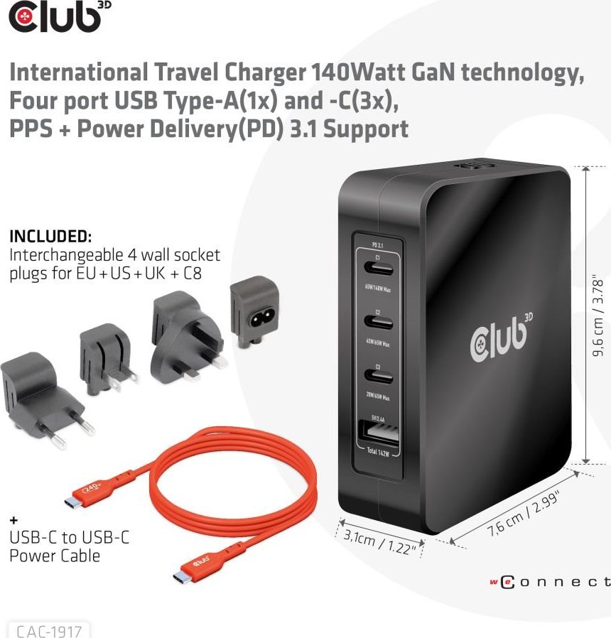 Club 3D Club3D cestovní nabíječka 140W GaN technologie, 3xUSB-C, 1xUSB-A, PPS + PD 3.1 Support