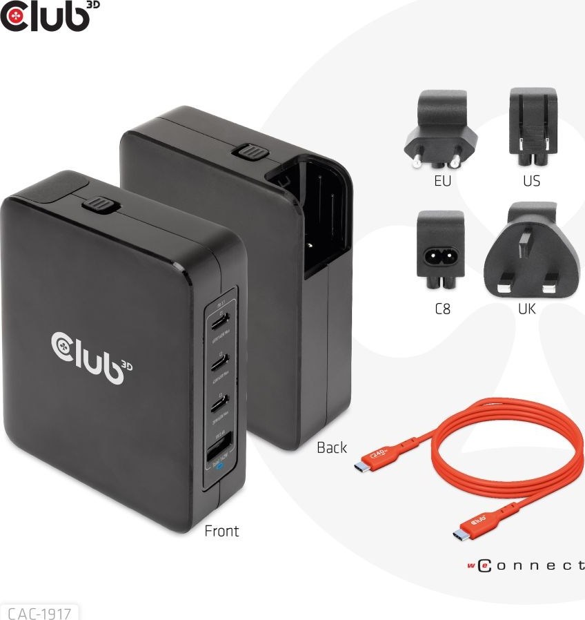 Club 3D Club3D cestovní nabíječka 140W GaN technologie, 3xUSB-C, 1xUSB-A, PPS + PD 3.1 Support