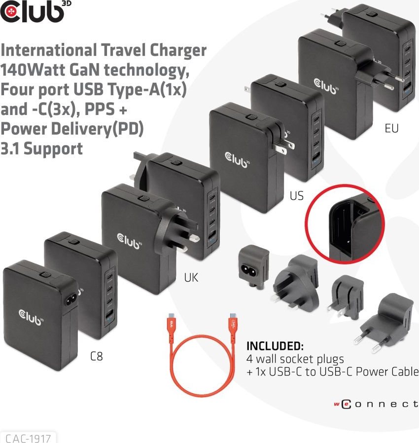 Club 3D Club3D cestovní nabíječka 140W GaN technologie, 3xUSB-C, 1xUSB-A, PPS + PD 3.1 Support
