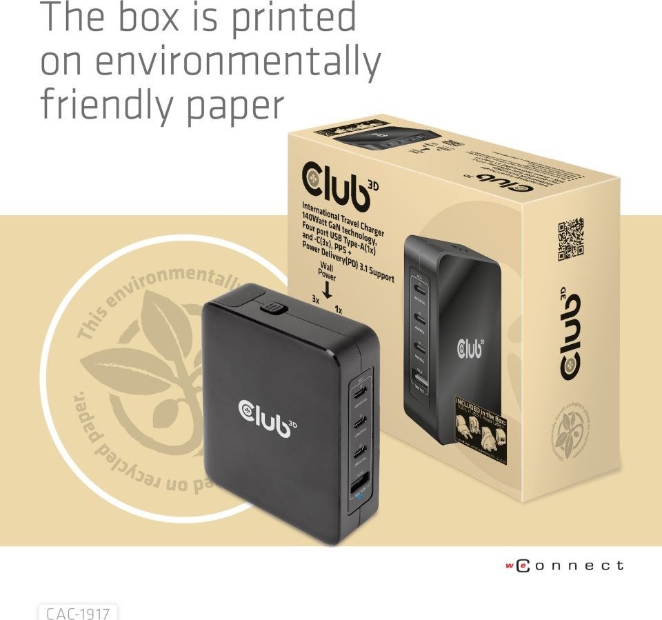 Club 3D Club3D cestovní nabíječka 140W GaN technologie, 3xUSB-C, 1xUSB-A, PPS + PD 3.1 Support