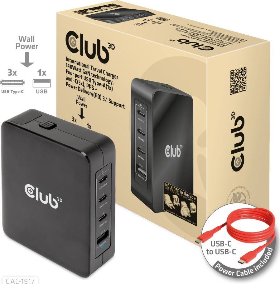 Club 3D Club3D cestovní nabíječka 140W GaN technologie, 3xUSB-C, 1xUSB-A, PPS + PD 3.1 Support