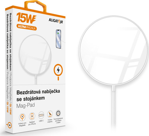 ALIGATOR bezdrátová nabíječka ALIGATOR Mag-Pad, určeno pro MagSafe, 15W, bílá