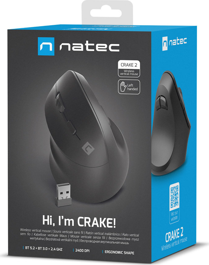 Natec CRAKE 2/Kancelářská/Optická/Pro leváky/2 400 DPI/USB+BT/Černá
