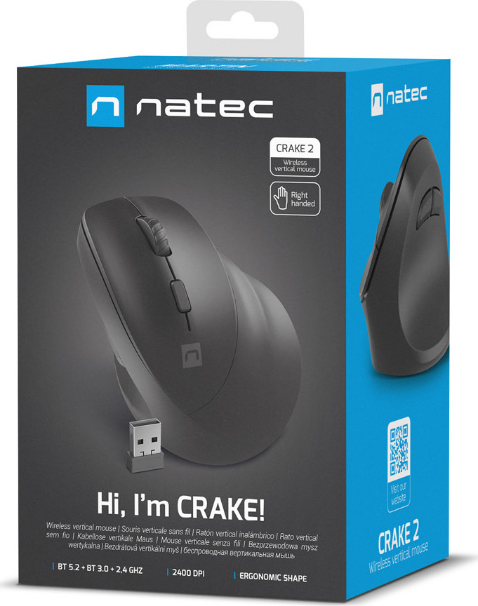 Natec CRAKE 2/Kancelářská/Optická/Pro praváky/2 400 DPI/USB+BT/Černá