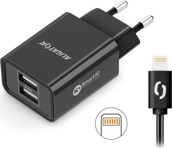 Aligator síťová nabíječka, 2x USB, smart IC, 2,4 A, kabel Lightning 2A, černá