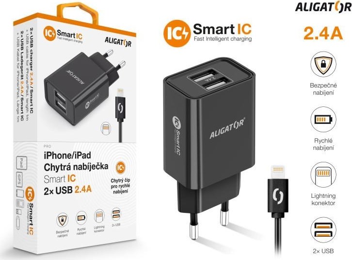 Aligator síťová nabíječka, 2x USB, smart IC, 2,4 A, kabel Lightning 2A, černá