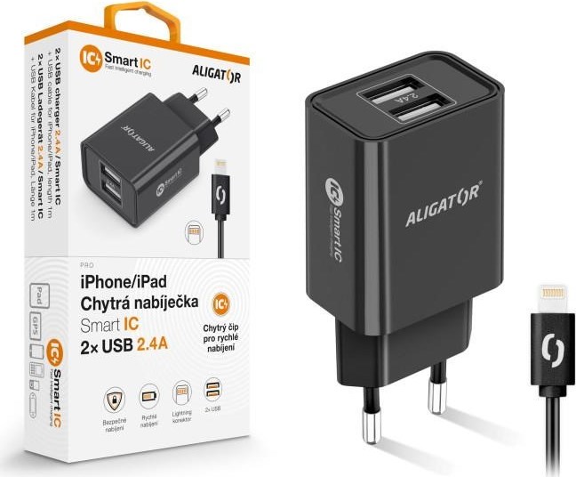 Aligator síťová nabíječka, 2x USB, smart IC, 2,4 A, kabel Lightning 2A, černá