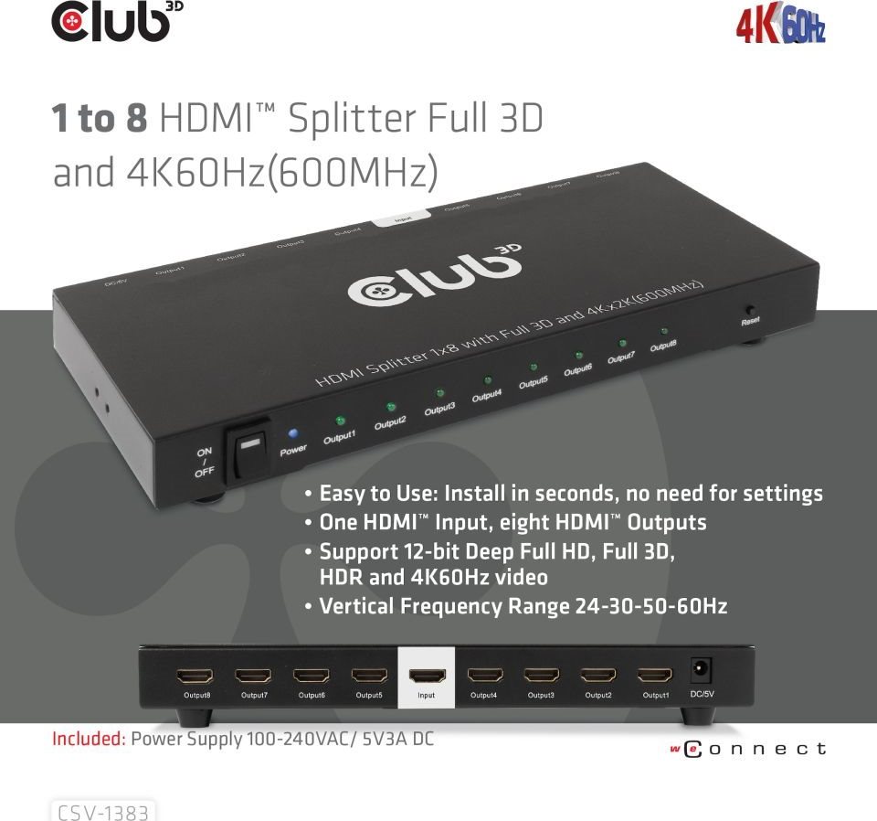 Club 3D Club3D Video rozbočovač 1:4 HDMI 2.0 4K120Hz, 4 porty, černá