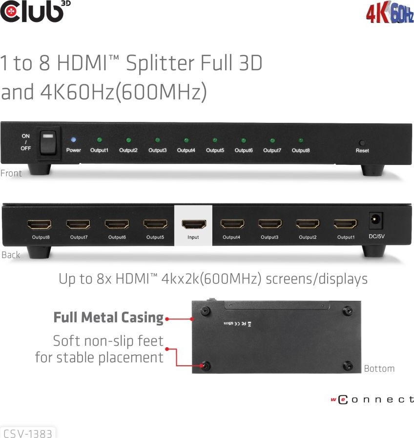 Club 3D Club3D Video rozbočovač 1:4 HDMI 2.0 4K120Hz, 4 porty, černá