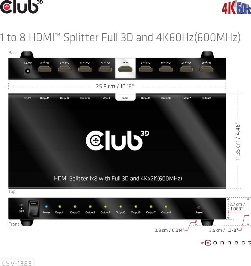 Club 3D Club3D Video rozbočovač 1:4 HDMI 2.0 4K120Hz, 4 porty, černá