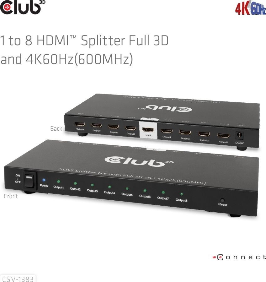 Club 3D Club3D Video rozbočovač 1:4 HDMI 2.0 4K120Hz, 4 porty, černá