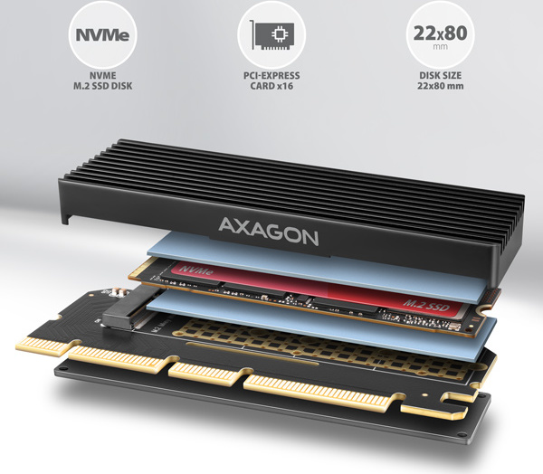 AXAGON PCEM2-XS, PCIe x16 - M.2 NVMe M-key slot adaptér, kryt s chladičom pre pasívne chladenie