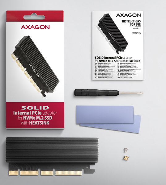 AXAGON PCEM2-XS, PCIe x16 - M.2 NVMe M-key slot adaptér, kryt s chladičom pre pasívne chladenie
