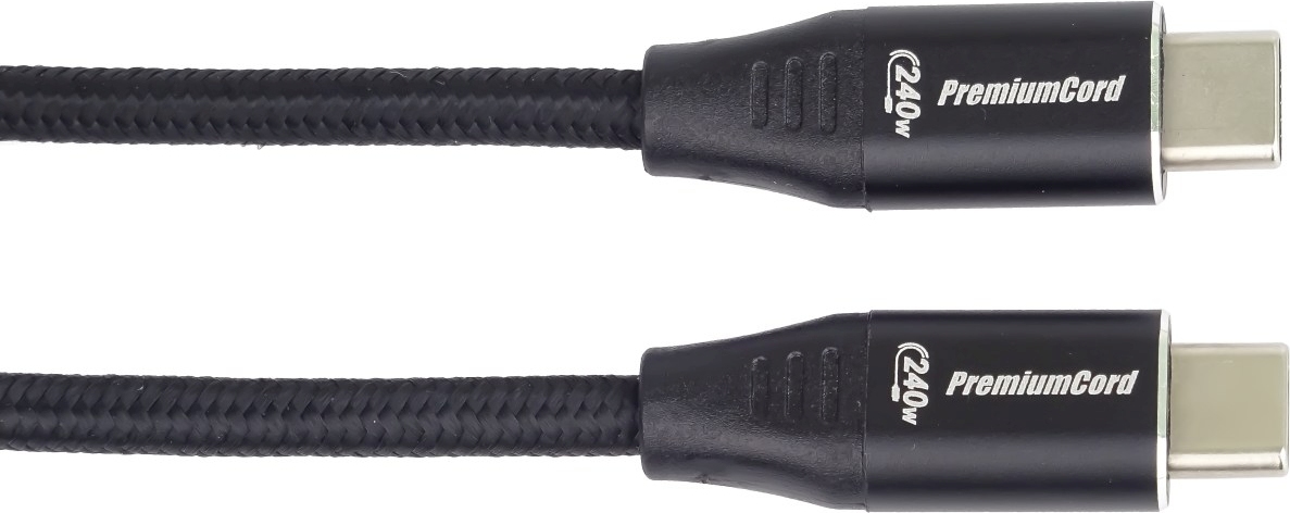 PREMIUMCORD Kabel USB-C M/M, 240W 480Mbps černý bavlněný oplet, 1,5m
