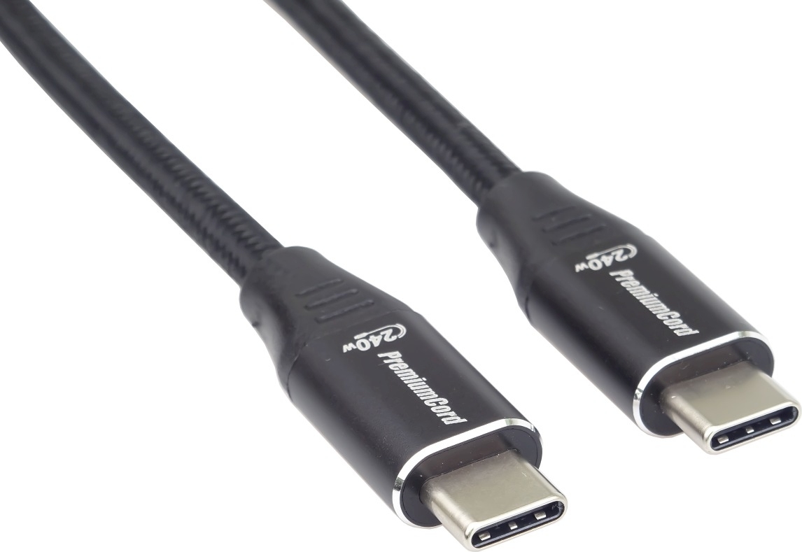 PREMIUMCORD Kabel USB-C M/M, 240W 480Mbps černý bavlněný oplet, 1,5m