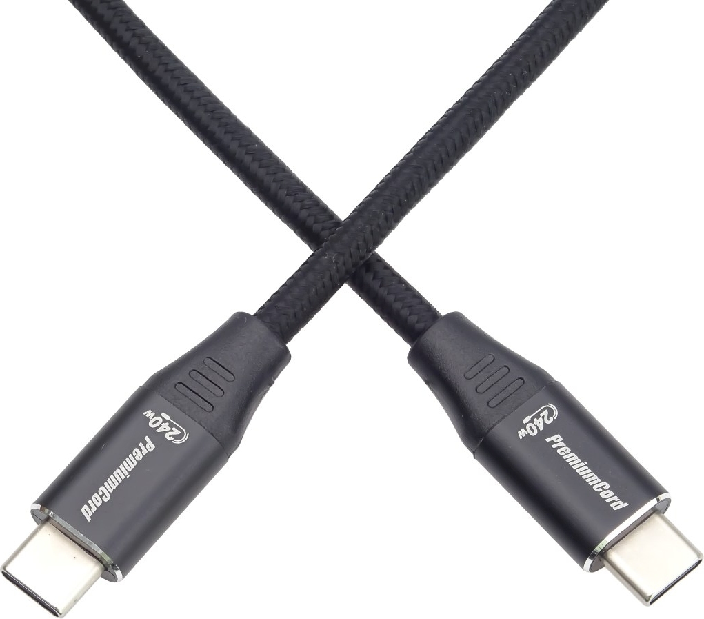 PREMIUMCORD Kabel USB-C M/M, 240W 480Mbps černý bavlněný oplet, 1,5m