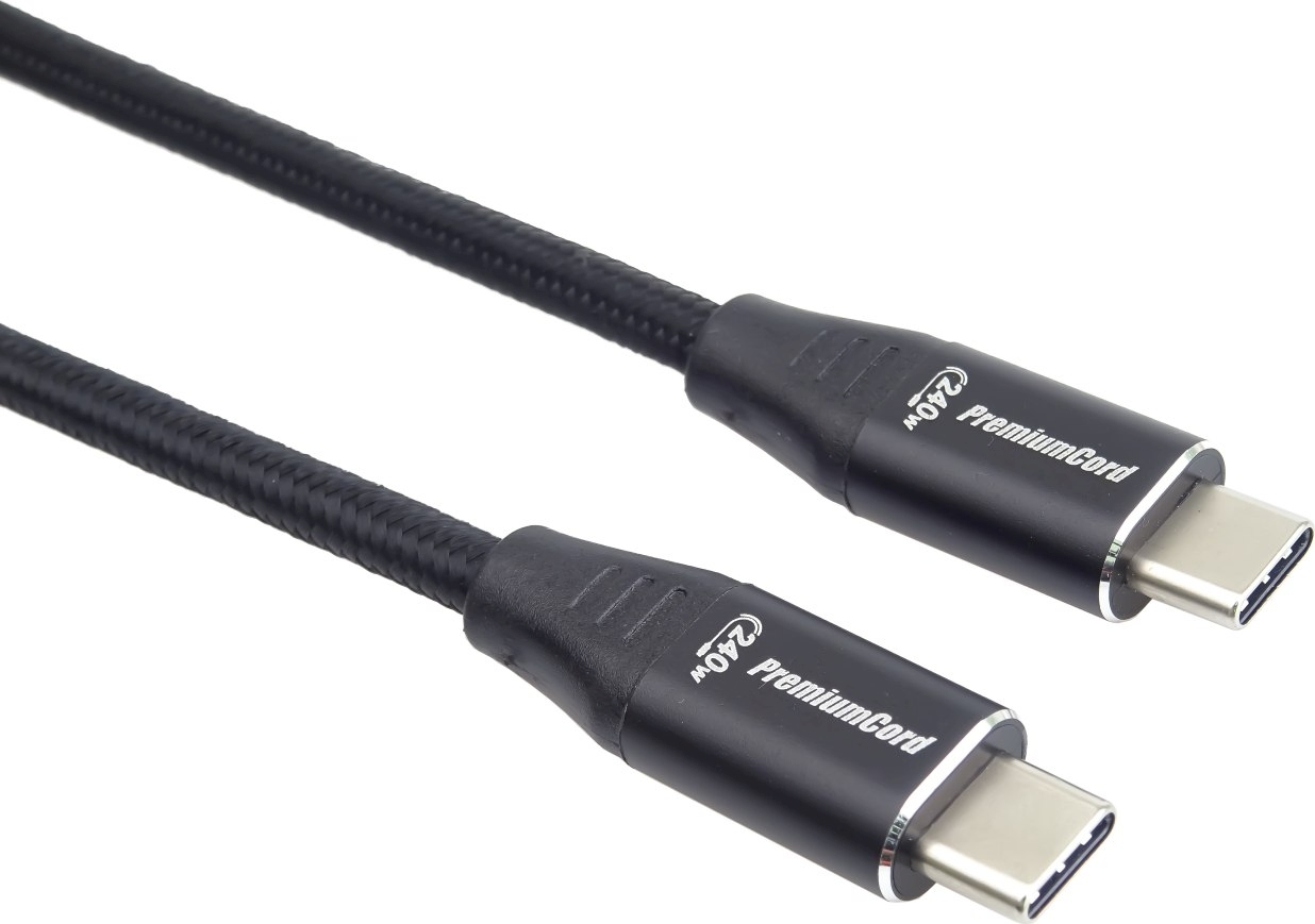 PREMIUMCORD Kabel USB-C M/M, 240W 480Mbps černý bavlněný oplet, 1,5m