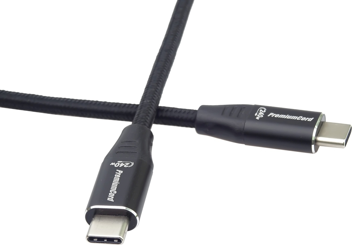 PREMIUMCORD Kabel USB-C M/M, 240W 480Mbps černý bavlněný oplet, 1,5m