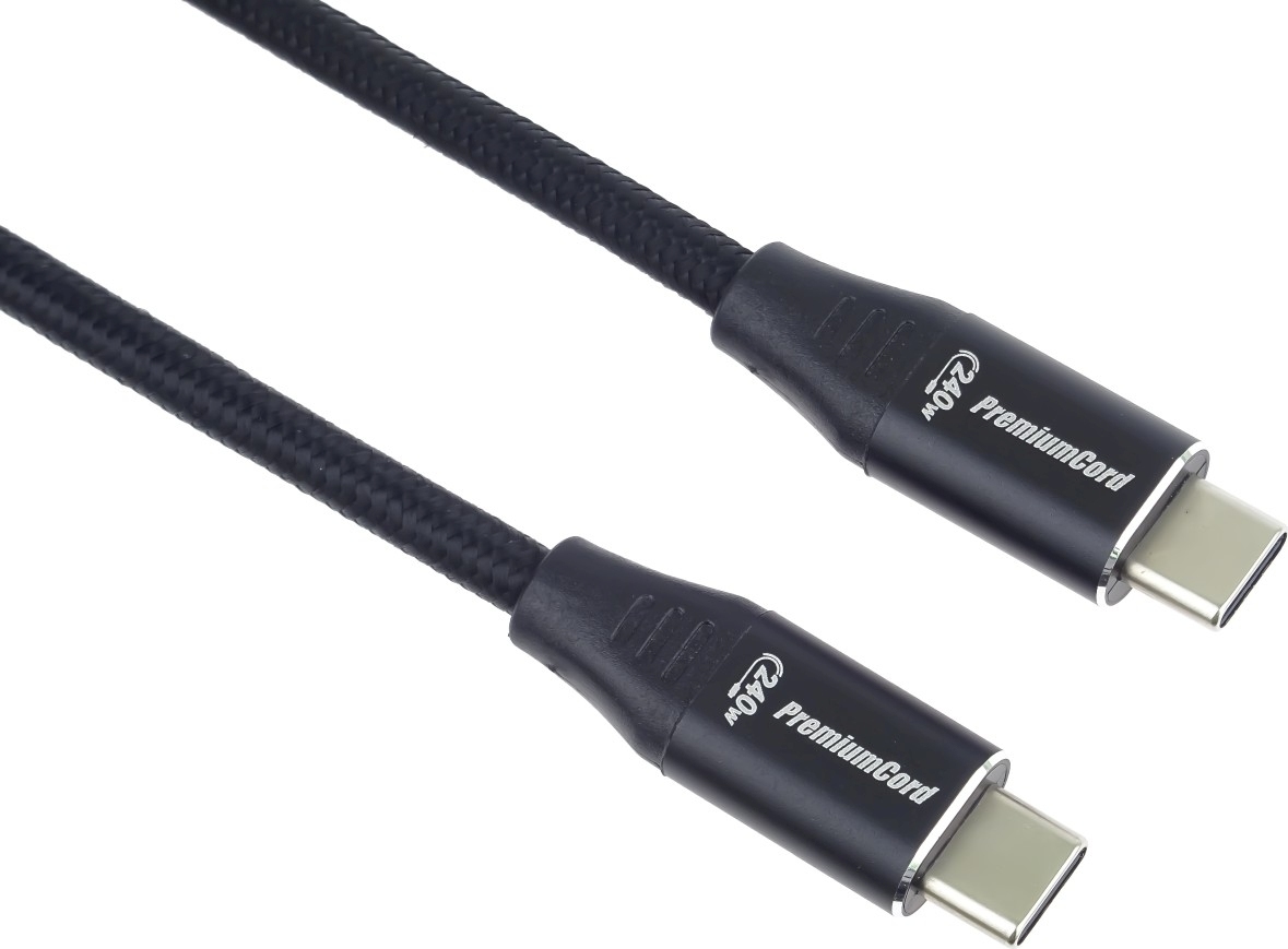 PREMIUMCORD Kabel USB-C M/M, 240W 480Mbps černý bavlněný oplet, 1,5m