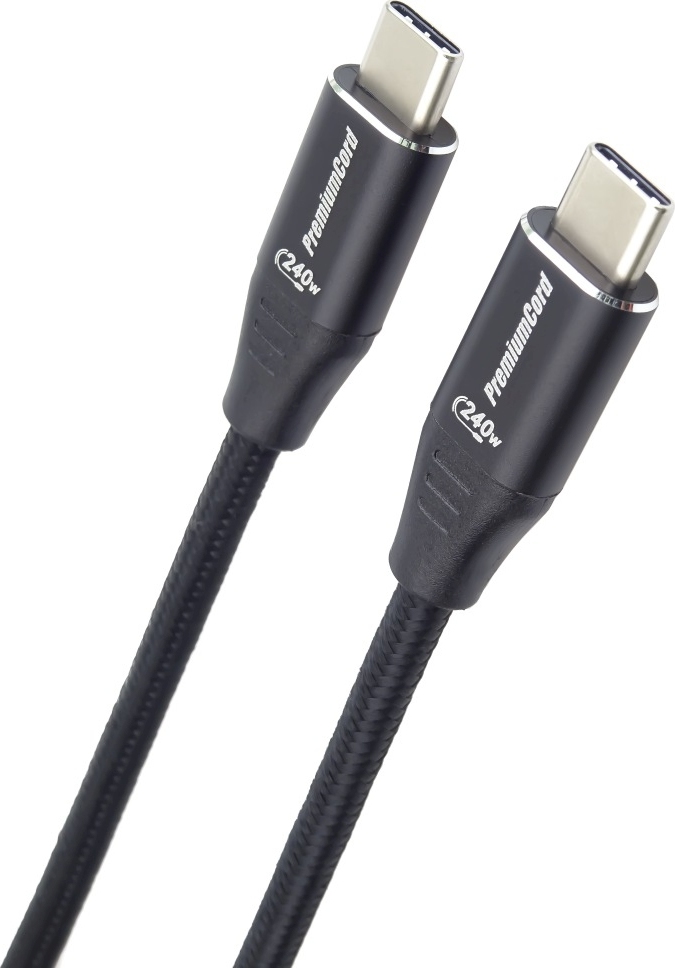 PREMIUMCORD Kabel USB-C M/M, 240W 480Mbps černý bavlněný oplet, 1,5m