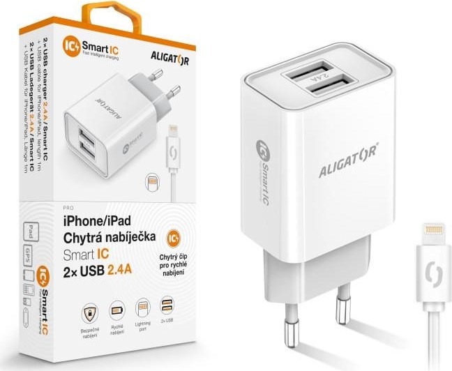 Aligator síťová nabíječka, 2x USB, smart IC, 2,4 A, kabel Lightning 2A, bílá