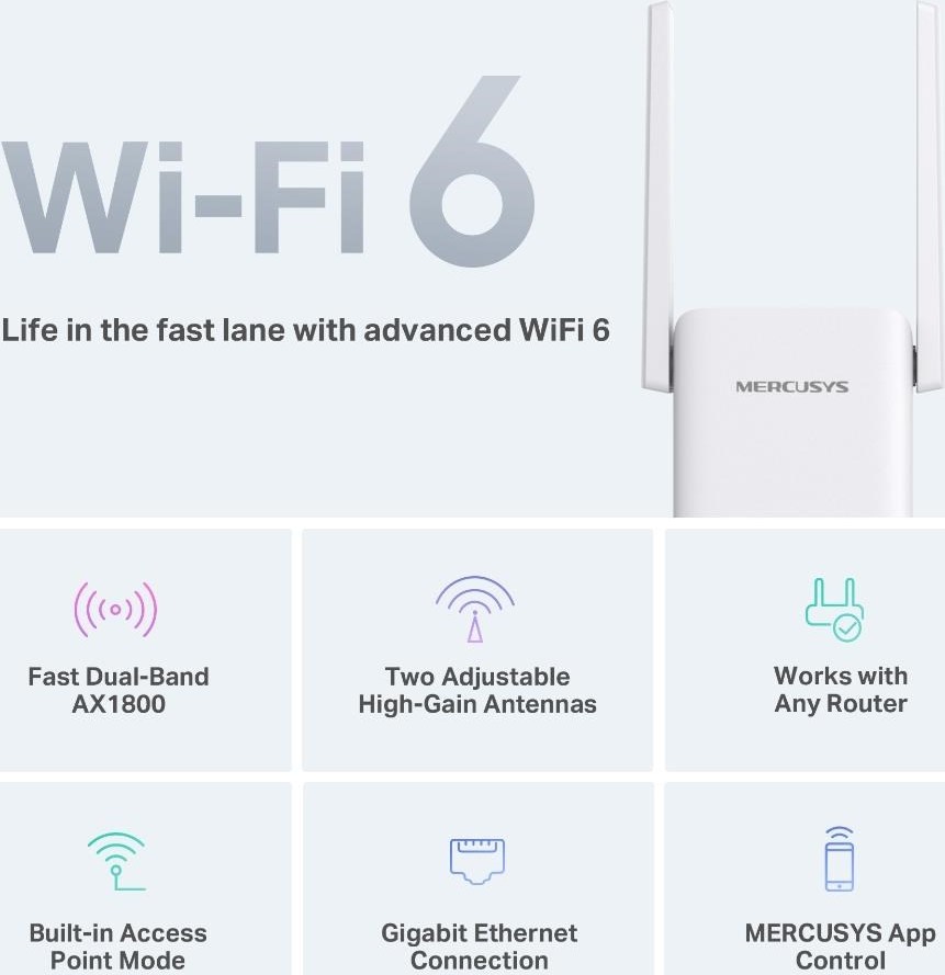 MERCUSYS ME70X WiFi6 Extender/Repeater (AX1800,2,4GHz/5GHz,1xGbELAN)
