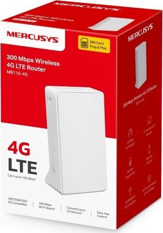 Mercusys MB110-4G WiFi4 router (N300, 4G LTE, 2,4GHz, 1x100Mb/s LAN/WAN,1x100Mb/s LAN,1xnanoSIM)