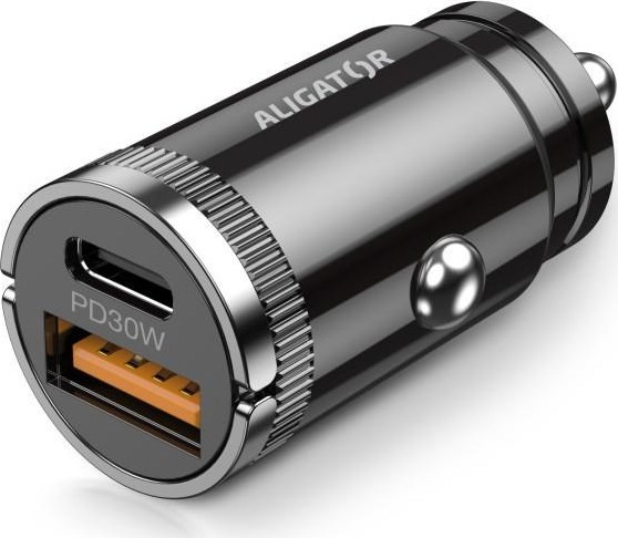 ALIGATOR chytrá mini nabíječka do auta Power Delivery 30W, USB-C + USB-A, kabel USB-C/Lightning, černá