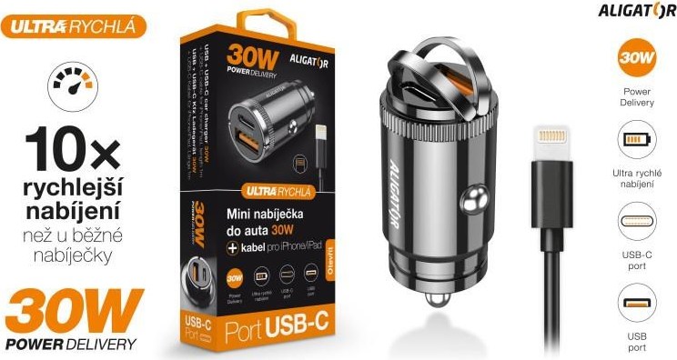 ALIGATOR chytrá mini nabíječka do auta Power Delivery 30W, USB-C + USB-A, kabel USB-C/Lightning, černá