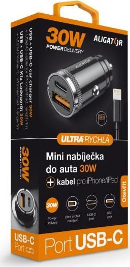 ALIGATOR chytrá mini nabíječka do auta Power Delivery 30W, USB-C + USB-A, kabel USB-C/Lightning, černá