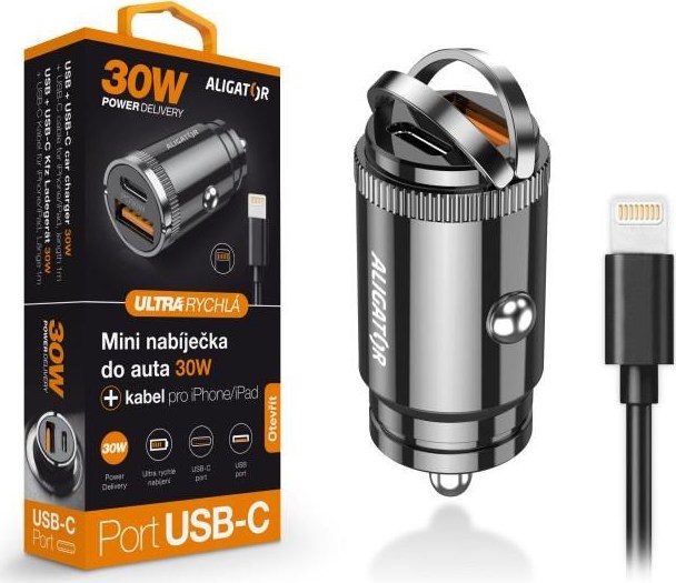 ALIGATOR chytrá mini nabíječka do auta Power Delivery 30W, USB-C + USB-A, kabel USB-C/Lightning, černá