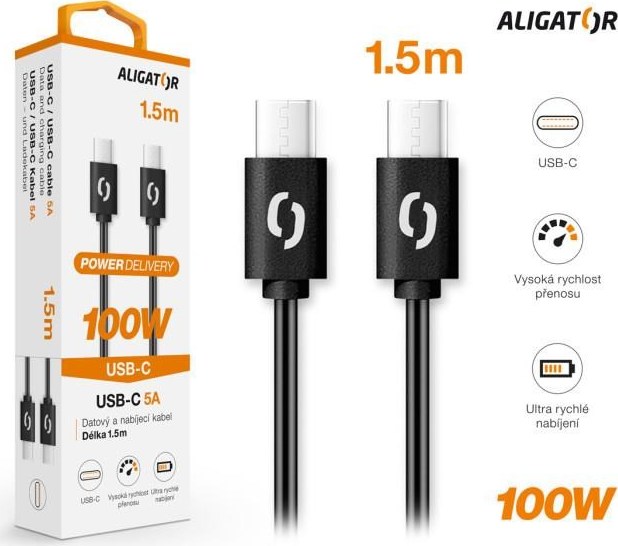 ALIGATOR datový kabel POWER 100W, USB-C/USB-C 5A, délka 1,5 m, černá