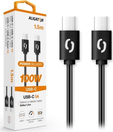 ALIGATOR datový kabel POWER 100W, USB-C/USB-C 5A, délka 1,5 m, černá