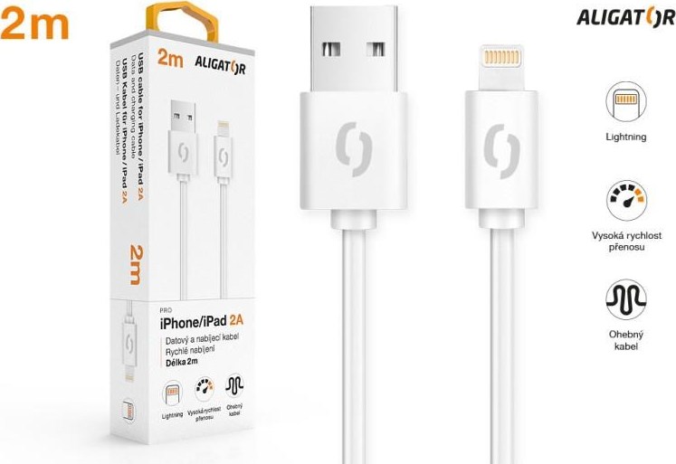 ALIGATOR datový kabel 2A, Lightning, délka 2m, bílá