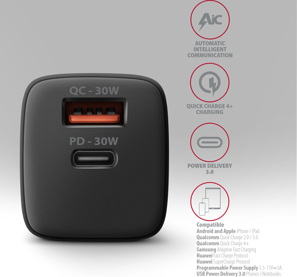 AXAGON ACU-PQ30, Sil nabíjačka do siete 30W, 2x port (USB-A + USB-C), PD3.0/PPS/QC4+/SFC/AFC/Apple, čierna